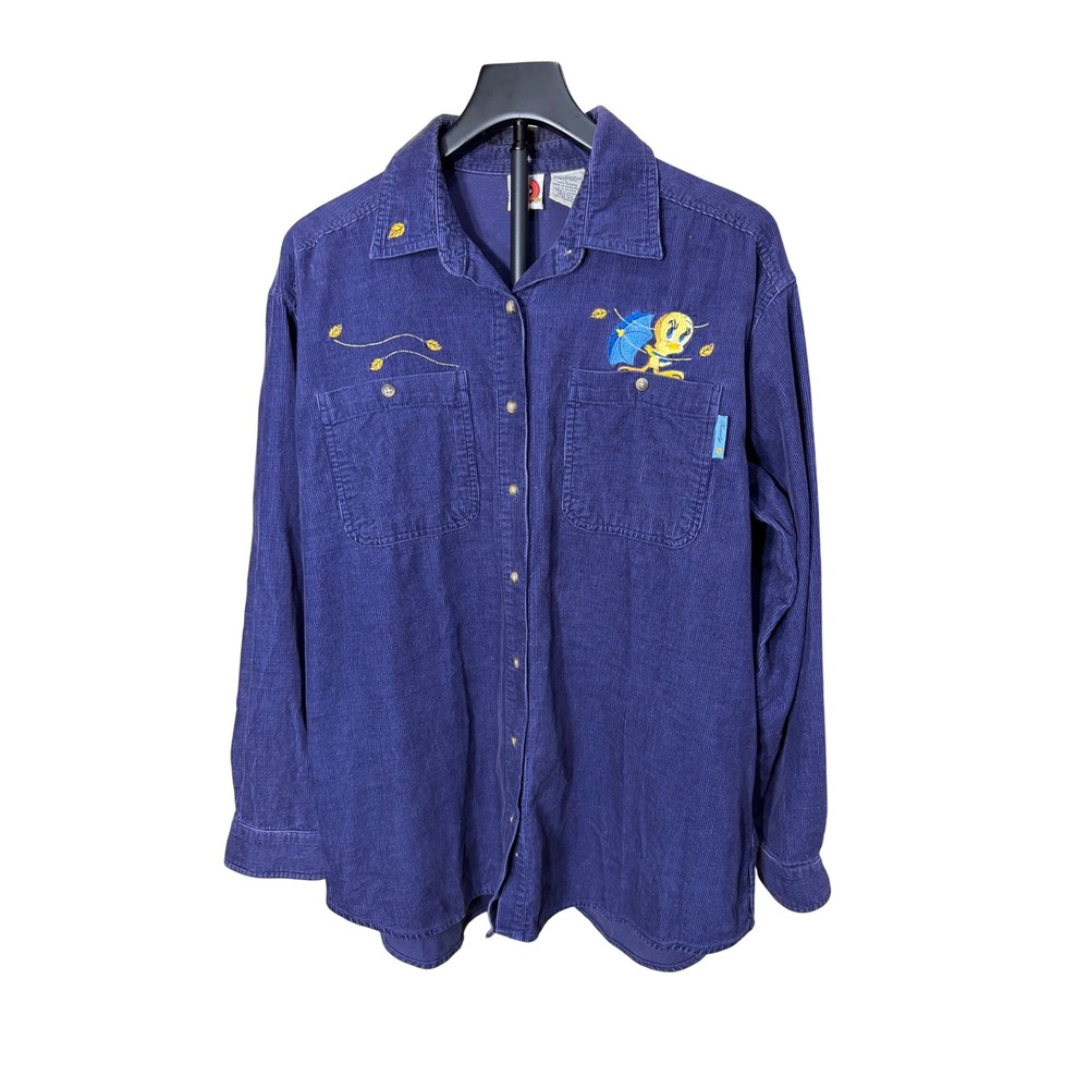 Vintage Looney Tunes‎ Tweety Bird Purple blue Corduroy Button Down Shirt Large